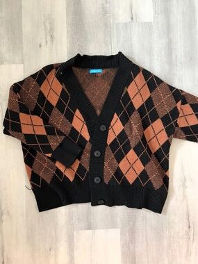 Vintage Black & Brown Argyle V-Neck Cardigan Sweater - Men